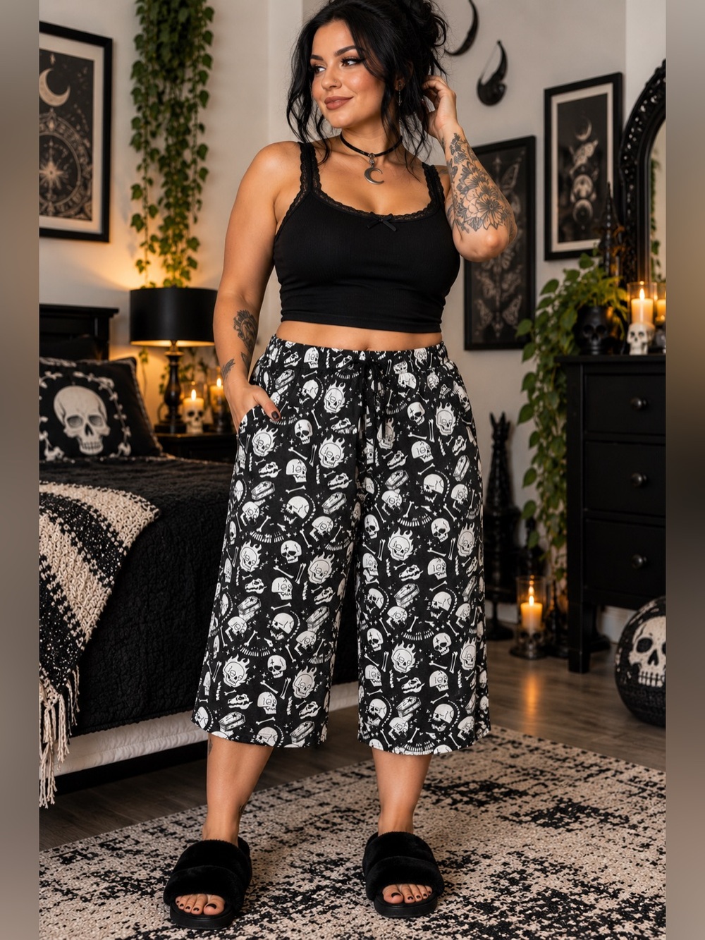 Killstar Black Skull & Rose Wide-Leg Crop Pants